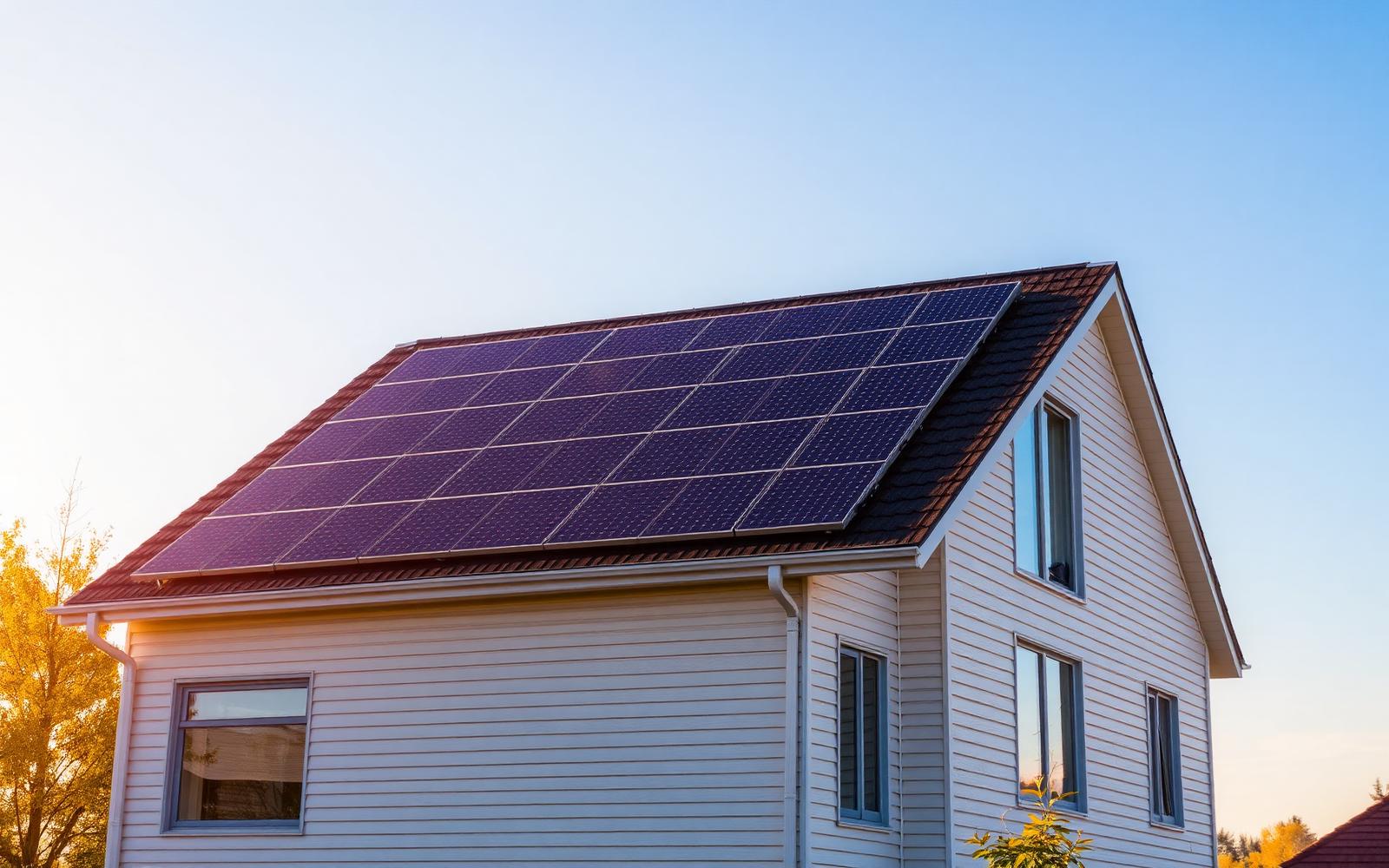 Casa moderna com painéis solares ao pôr do sol